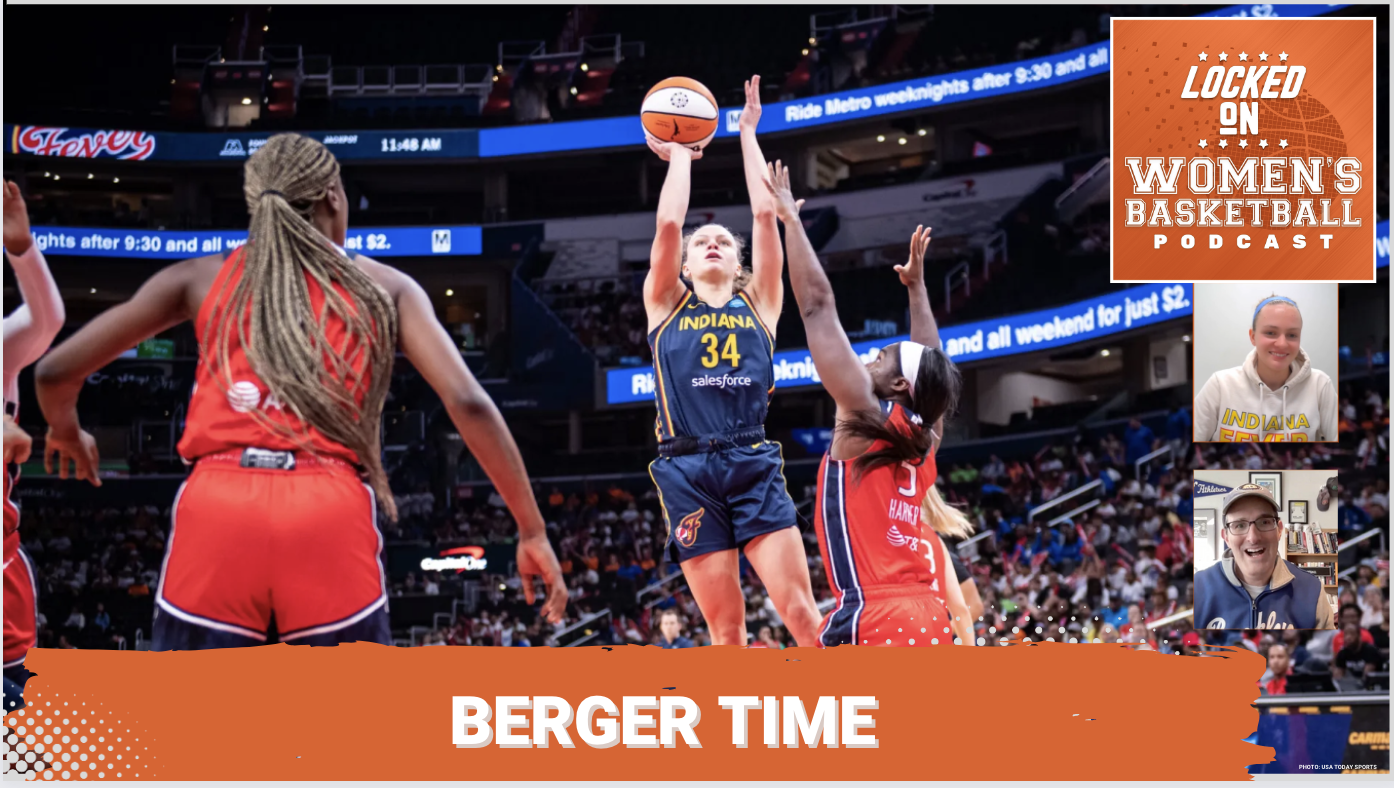 Indiana Fever guard Grace Berger shoots a jump shot while leaning slightly to her right as a defender contests from her left side.